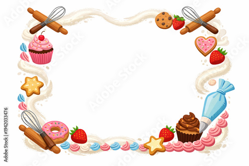 Baking and Pastry Kitchen Decorative Border Frame with Sweets and Tools