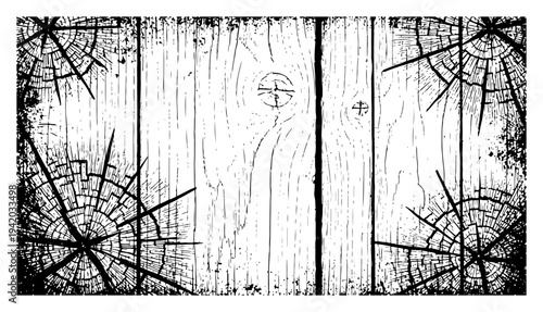 Vintage illustration of wooden planks with shattered bullet holes and cracks
