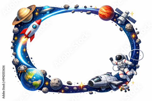 Outer Space Adventure and Cosmic Exploration Decorative Border Frame Vector