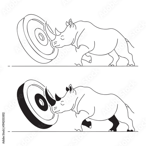 Two rhinoceroses pushing a target with their horns in a line drawing style