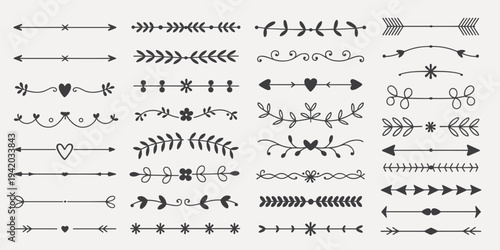 Collection of decorative hand-drawn dividers and borders Keywords: dividers, borders, lines