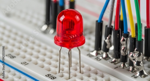 red led light emitting diode on breadboard electronic circuit close up technology hobby
