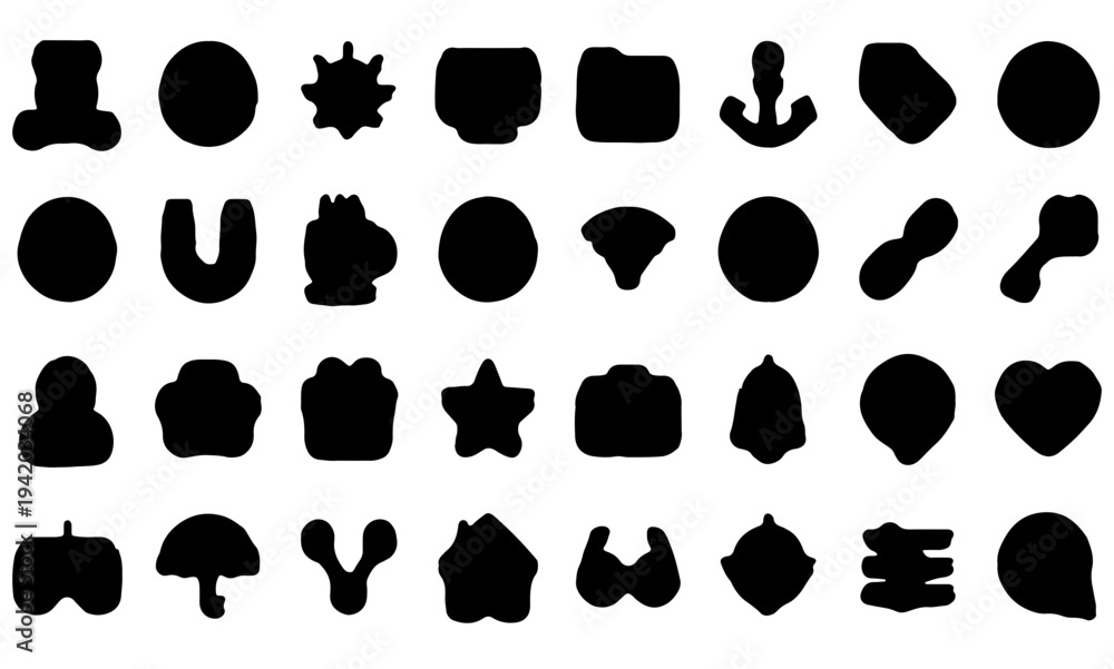 Fototapeta premium Collection of 28 unique black blob shapes on white background