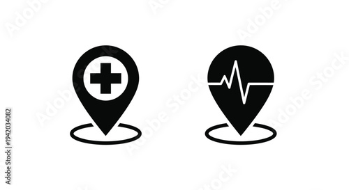 Two medical location icons with distinct symbols stark silhouette