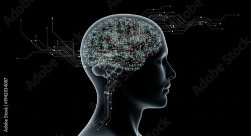Silhouette of Human Head with Digital Brain Illustration.
