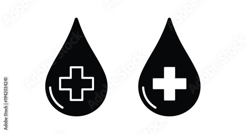 Two black water droplets with white plus signs a striking silhouette