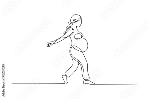 Line of a pregnant woman walking with one foot lifted and arms extended line pregnant woman black and white