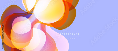 Abstract colorful shapes overlap, creating dynamic visual effect. Soft gradients blend orange, yellow, pink hues over lavender backdrop.