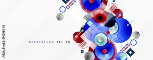 Abstract geometric shapes, circles, squares, lines create dynamic composition. Blue, red colors dominate design. Minimalist style.