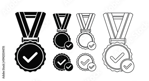 Three medal variations with checkmarks black and white silhouette