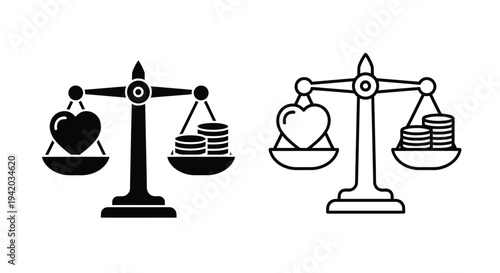 Scales of justice comparing love and money a black outline silhouette