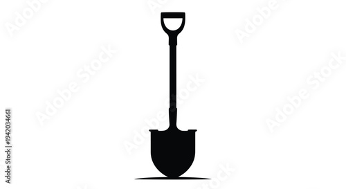 A stark black silhouette of a garden shovel against a white background