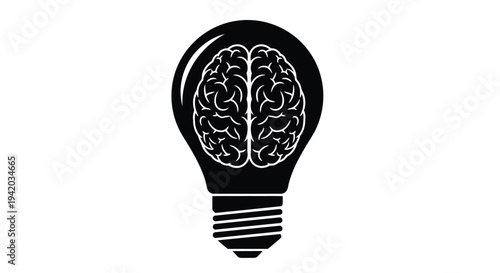 A lightbulb containing a brain symbolizing thought and innovation silhouette