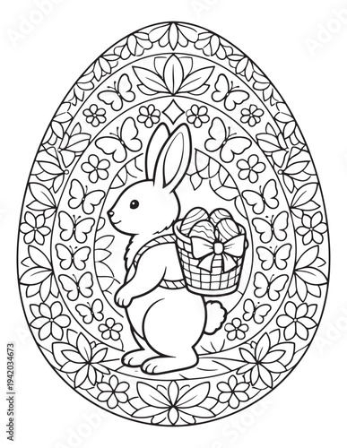 Detailed easter bunny with basket coloring page inside ornate egg design