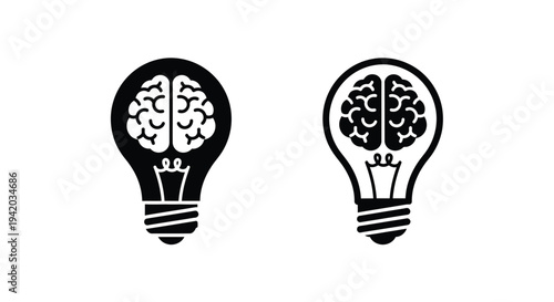 Two lightbulbs containing brains a creative concept silhouette