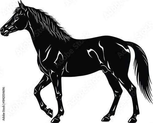 Black horse vector silhouette, standing Arabian stallion isolated on white, elegant equestrian line art, powerful mustang mascot, animal profile graphic.