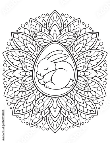 Intricate baby bunny sleeping in easter egg mandala adult coloring page