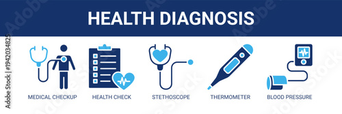 Health Diagnosis web banner icon vector illustration concept with icons of medical checkup, health check, stethoscope, thermometer, and blood pressure monitor.