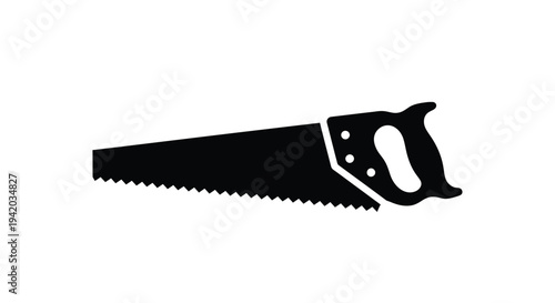 A black silhouette of a hand saw against a white background silhouette