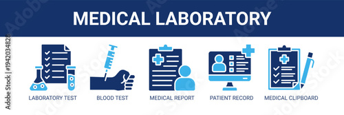 Medical Laboratory web banner icon vector illustration concept with icons of laboratory test, blood test, medical report, patient record, and medical clipboard.