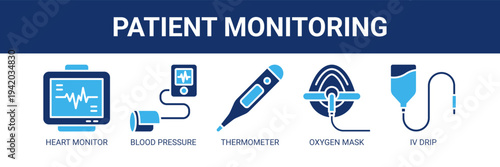 Patient Monitoring web banner icon vector illustration concept with icons of heart monitor, blood pressure monitor, thermometer, oxygen mask, and IV drip.