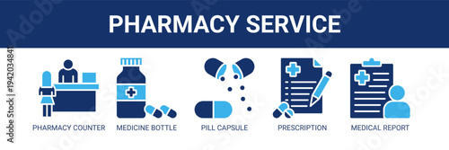 Pharmacy Service web banner icon vector illustration concept with icons of pharmacy counter, medicine bottle, pill capsule, prescription, and medical report.
