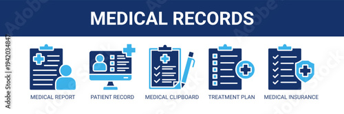 Medical Records web banner icon vector illustration concept with icons of medical report, patient record, medical clipboard, treatment plan, and medical insurance.