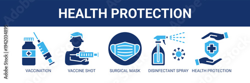 Health Protection web banner icon vector illustration concept with icons of vaccination, vaccine shot, surgical mask, disinfectant spray, and health protection.