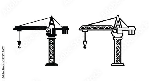 Two tower cranes depicted in a bold graphic silhouette