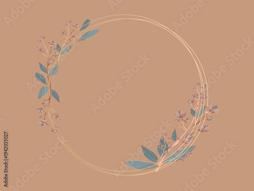 Circular floral frame on a light brown background. Delicate pastel-colored branches with blue-green leaves and small flowers adorn the bottom left and top right of the circle.