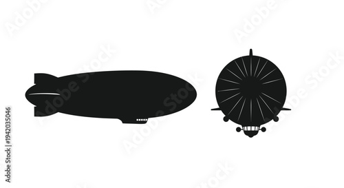 Two airships in profile a striking black graphic silhouette