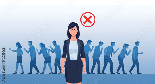 Businesswoman standing alone against crowd.