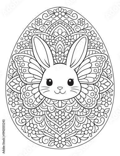 Cute bunny with butterfly wings in intricate mandala easter egg coloring page