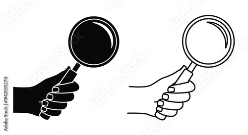 Two magnifying glasses one held by a hand in black silhouette