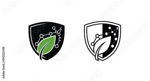Two shield emblems featuring leaf and molecular structures a dark silhouette