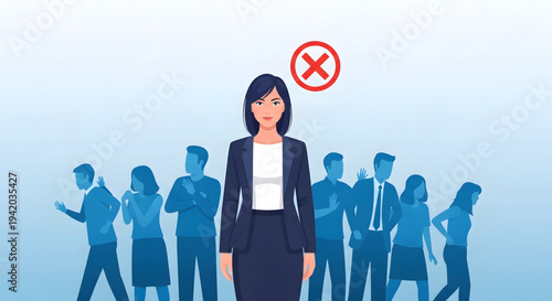 Businesswoman standing alone in crowd refusal.