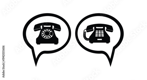 Two vintage telephones in speech bubbles a striking silhouette