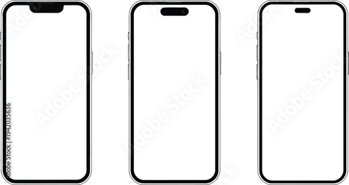 Silver outline smartphone mockups with clear white screens and various front camera notches