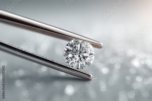 Close up shot of a dazzling round cut diamond being held by silver tweezers, showcasing its brilliance and clarity with elegant lighting and a blurred background.