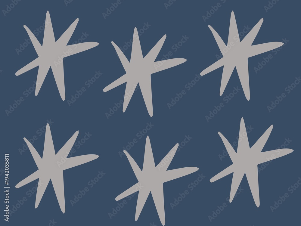 Obraz premium Six eight-pointed stars are depicted in white on a dark blue background. 