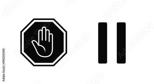 Stop sign with a hand and pause symbols in a stark silhouette