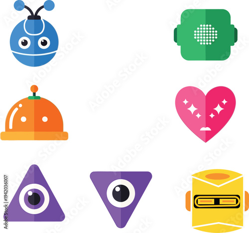 Collection of cute cartoon robots and characters with different shapes and colors on transparent background vector illustration