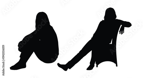 Two women in relaxed poses a striking black silhouette