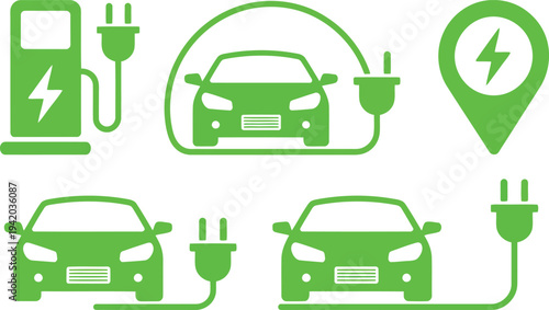 Several green electric car charging icons in an outline style, with cars and plugs on white