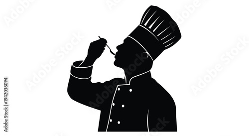Chef tasting food with a tall hat a striking silhouette