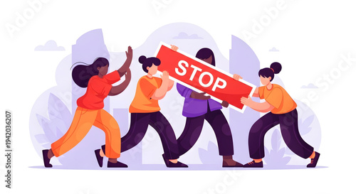 Four people pulling a stop sign.