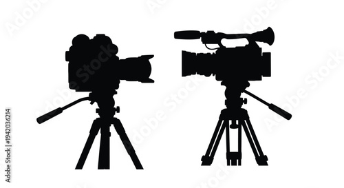 Two vintage film cameras on tripods a striking silhouette