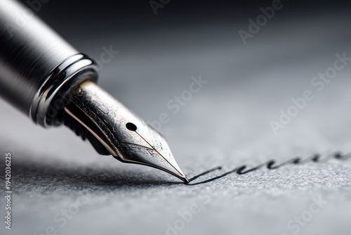 Close-up of a detailed fountain pen nib writing on textured paper, showcasing elegant penmanship and focused creativity with a touch of sophistication.