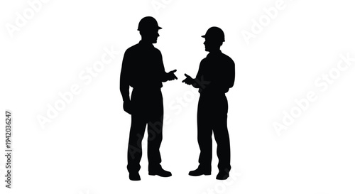 Two men in conversation depicted as a striking black silhouette