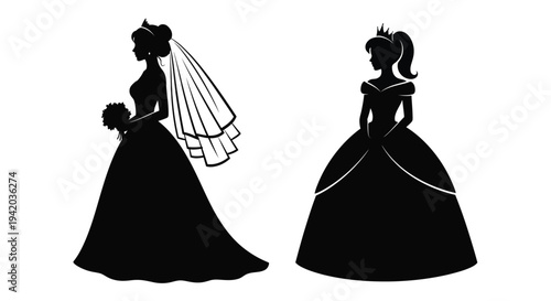 Two brides in wedding dresses a striking black design silhouette